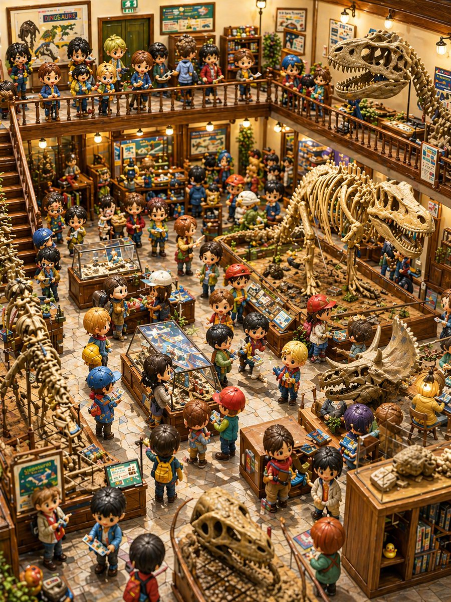 Chibi Dinosaur Museum Diorama 的 GPT Image 2 提示词示例图：This prompt generates a densely detailed miniature-style dinosaur museum interior filled with chibi child explorers, ideal for...