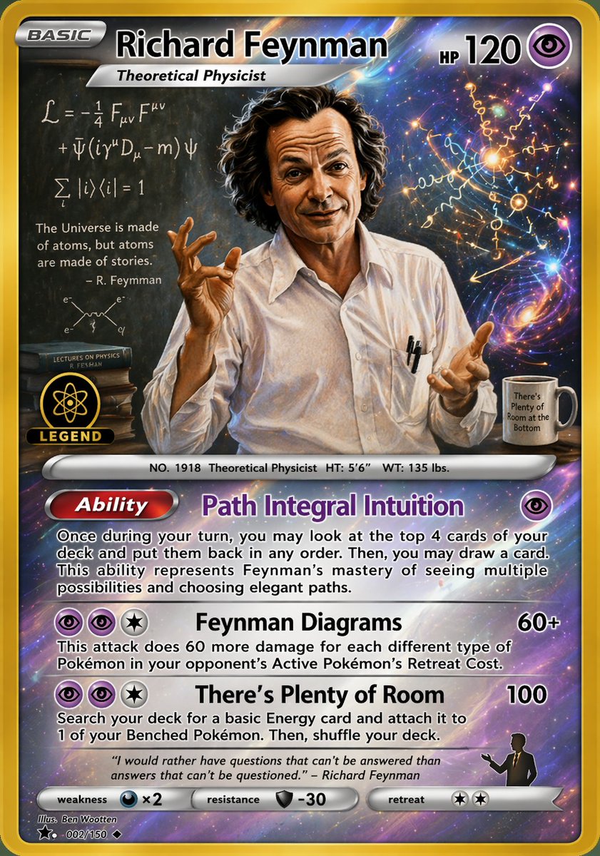 Richard Feynman Psychic Trading Card Qwen Image prompt example: A fan-made collectible trading card prompt for generating a polished parody TCG card of Richard Feynman with...