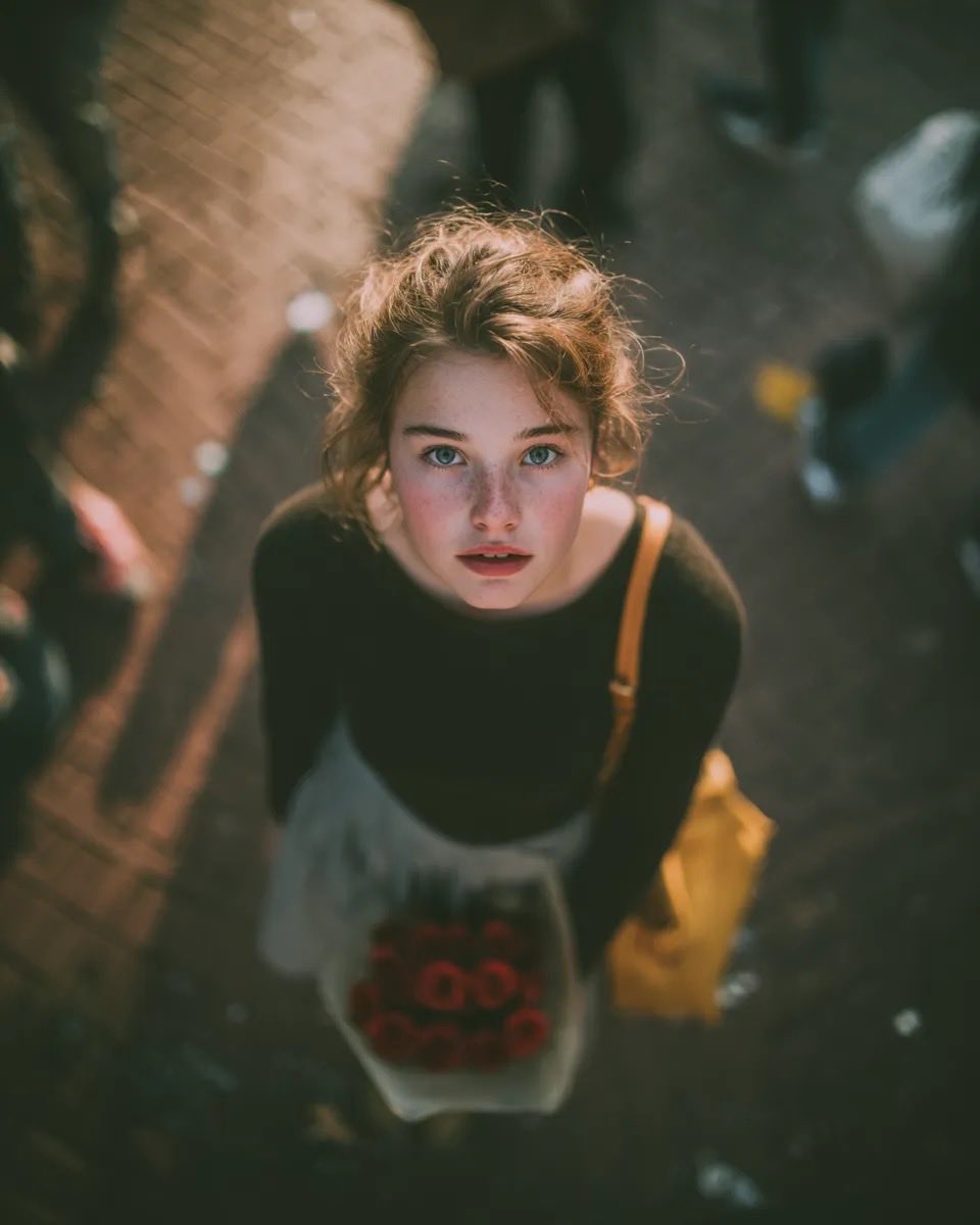 Vintage Film Grain Portrait 的 GPT Image 2 提示词示例图 变化图 3：A cinematic top-down portrait prompt with a heavy film grain and nostalgic color palette, perfect for creating moody,...