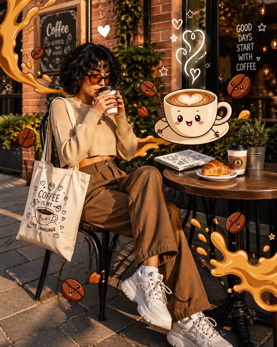 Mixed Reality Café Illustration Qwen Image prompt example: A creative prompt for generating a high-quality fashion portrait that blends realistic photography with playful 2D...
