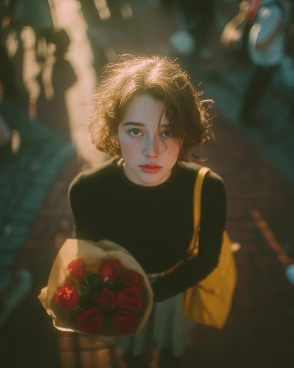 Vintage Film Grain Portrait 的 GPT Image 2 提示词示例图 变化图 2：A cinematic top-down portrait prompt with a heavy film grain and nostalgic color palette, perfect for creating moody,...
