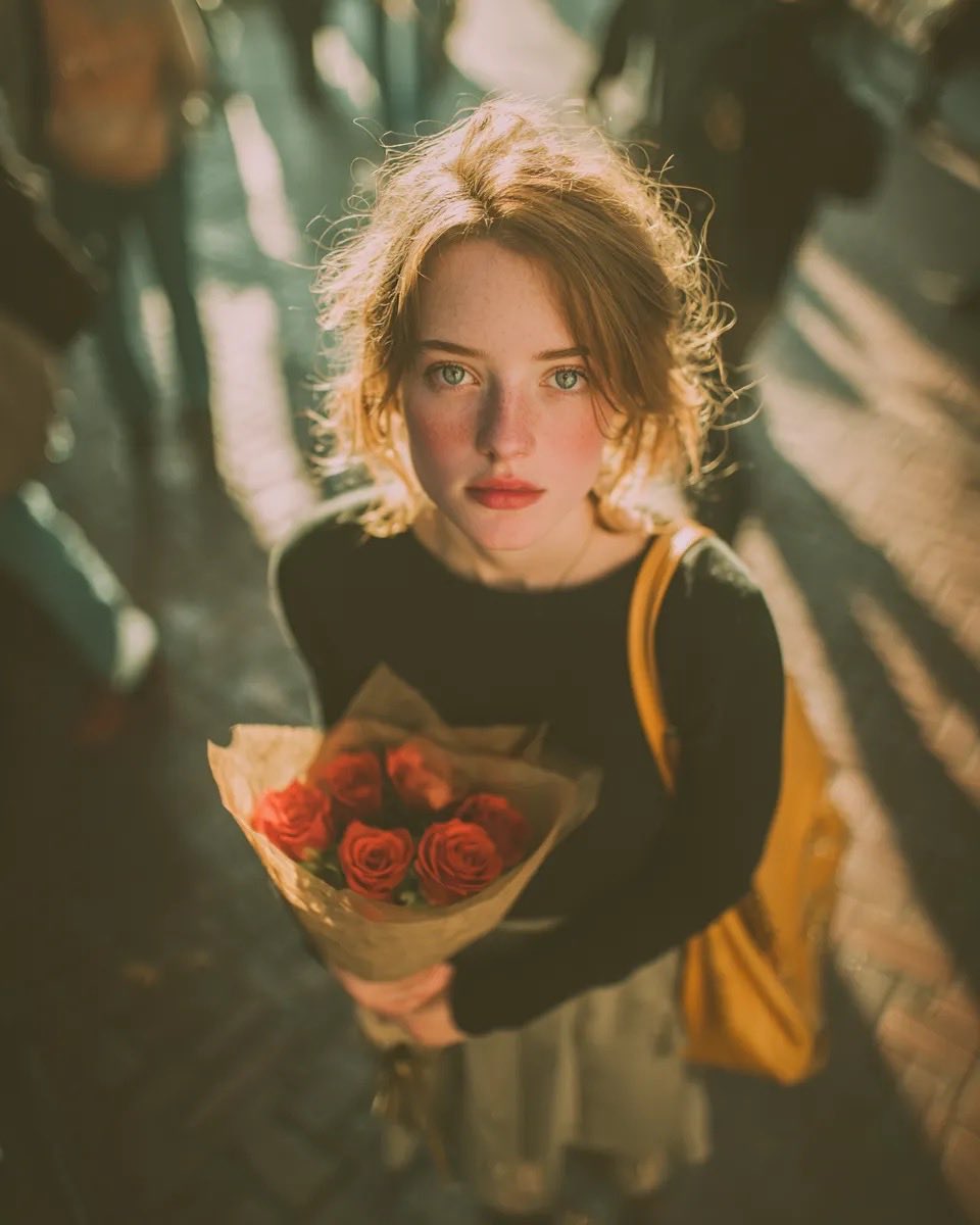 Vintage Film Grain Portrait 的 GPT Image 2 提示词示例图：A cinematic top-down portrait prompt with a heavy film grain and nostalgic color palette, perfect for creating moody, expressive...