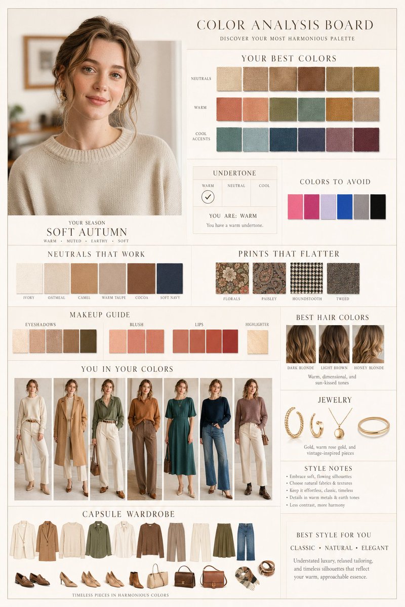 Luxury Fashion Color Analysis Board Qwen Image prompt example: A sophisticated layout prompt for a fashion magazine editorial that includes color swatches, makeup guides, and...