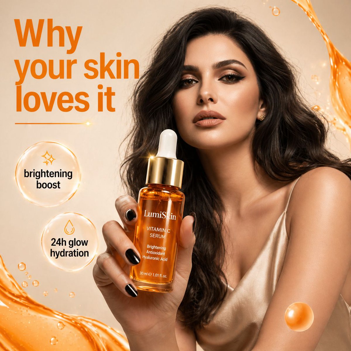 Luxury Skincare Commercial Photography のQwen Imageプロンプト例: A professional skincare product marketing prompt featuring a model and a serum bottle with graphic overlays and vibrant...