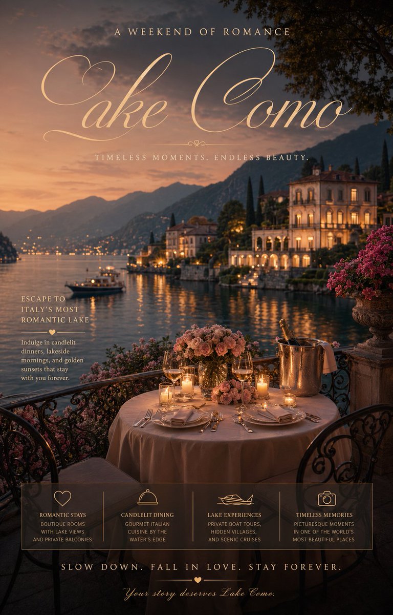 Romantic Weekend Getaway Poster Qwen Image 프롬프트 예시 변형 3: A prompt for an elegant travel advertisement poster featuring a boutique hotel and a candlelit dinner.