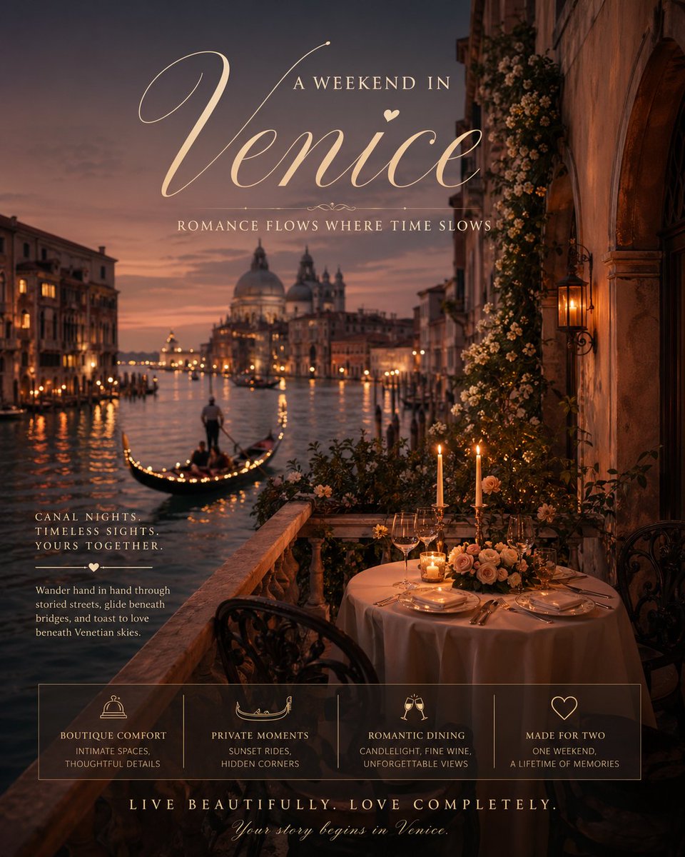 Romantic Weekend Getaway Poster Qwen Image 프롬프트 예시 변형 2: A prompt for an elegant travel advertisement poster featuring a boutique hotel and a candlelit dinner.