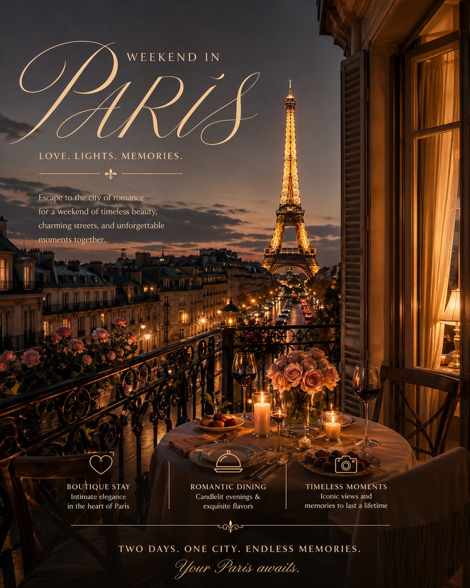 Romantic Weekend Getaway Poster Qwen Image 프롬프트 예시: A prompt for an elegant travel advertisement poster featuring a boutique hotel and a candlelit dinner.