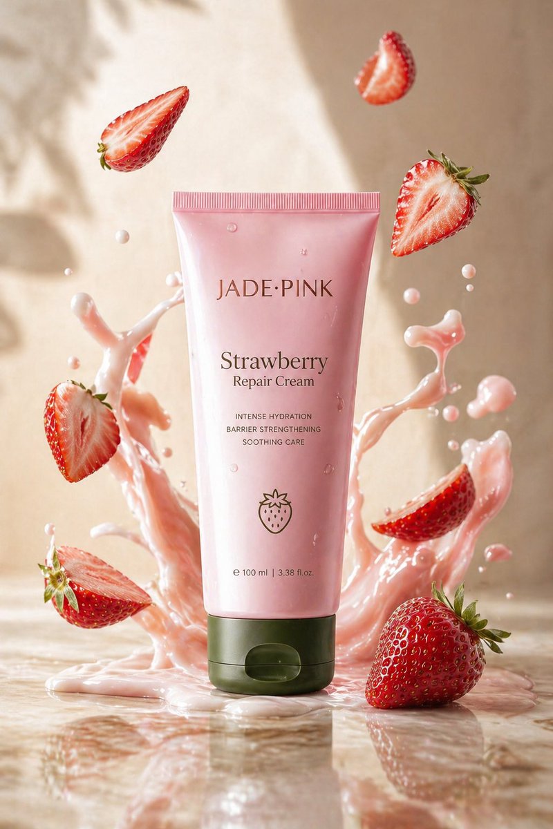 Strawberry Repair Cream Product Shot Qwen Image 프롬프트 예시: A vibrant product photography prompt for a skincare tube surrounded by fruit splashes and realistic textures.
