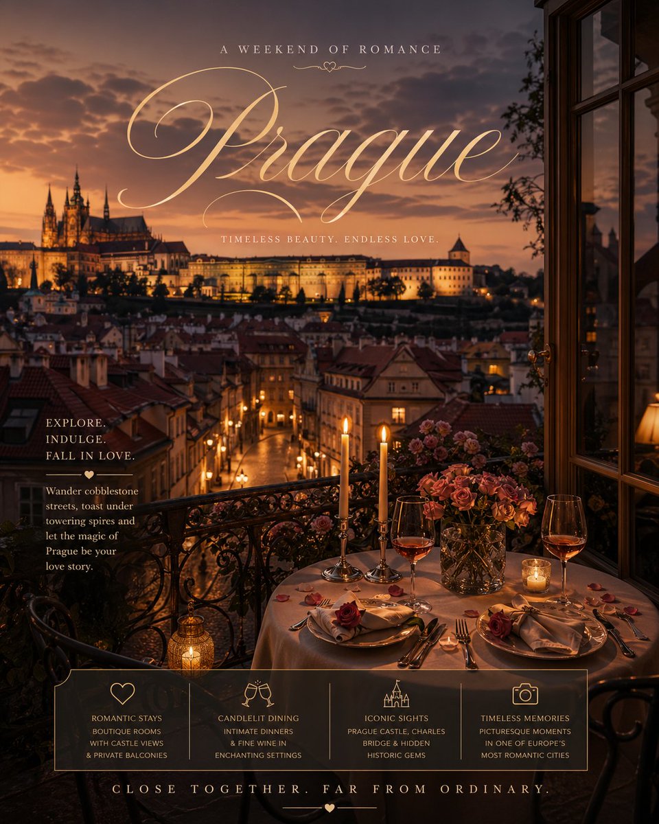Romantic Weekend Getaway Poster Qwen Image 프롬프트 예시 변형 4: A prompt for an elegant travel advertisement poster featuring a boutique hotel and a candlelit dinner.