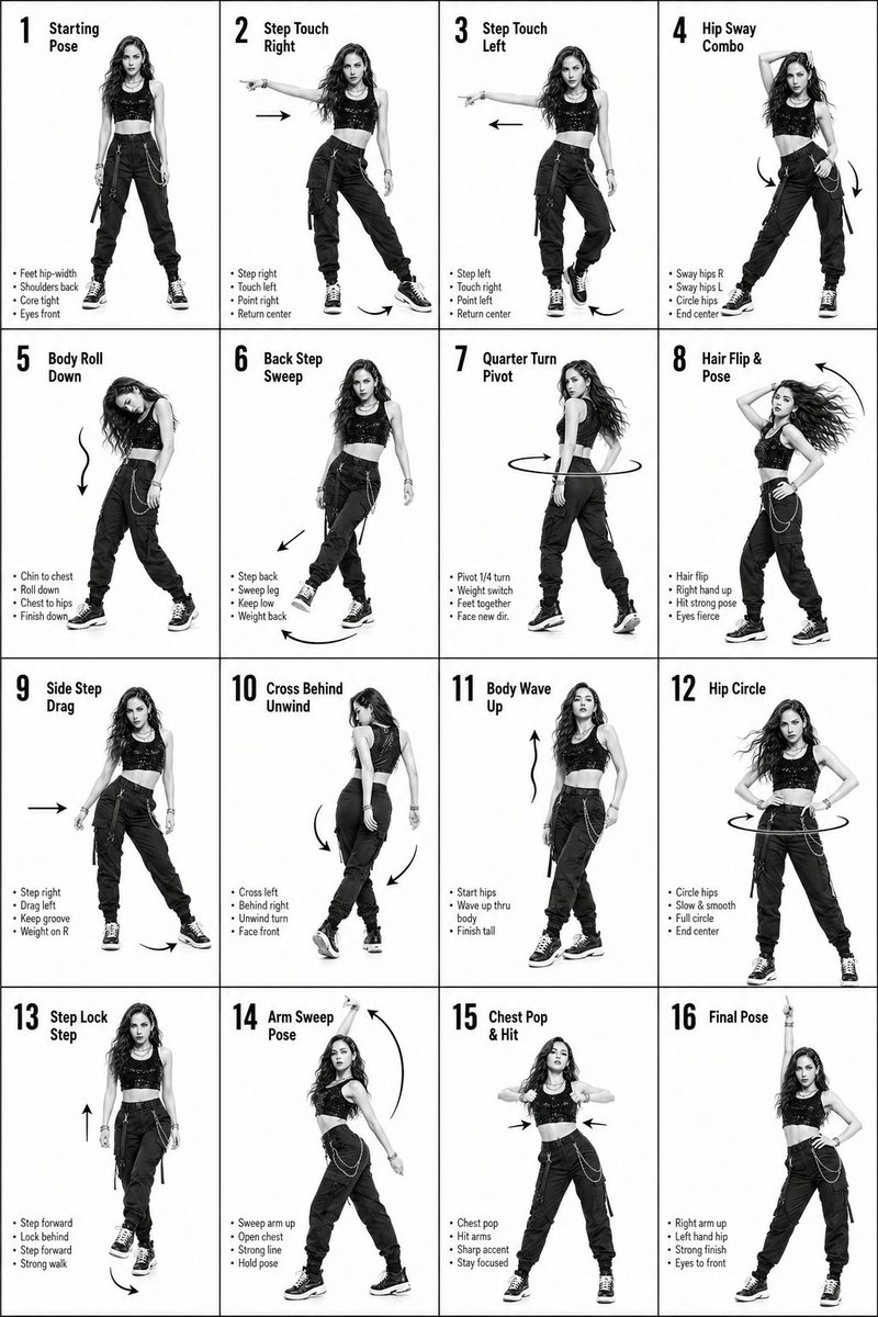 K-Pop Dance 16-Step Instruction Sheet GPT Image 2 prompt example: A detailed instructional grid prompt for creating a 4x4 guide showing dance steps with motion arrows and text...