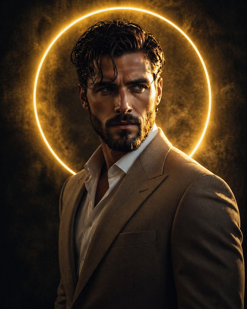 Cinematic Male Portrait with Neon Halo GPT Image 2 prompt example: A high-definition portrait prompt featuring a male subject in a tailored suit standing before a glowing neon...