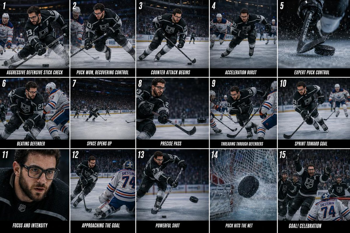 Hockey Game Cinematic Storyboard Qwen Image prompt example: A detailed storyboard prompt for generating a multi-frame cinematic sequence of a hockey game, from defense to the...