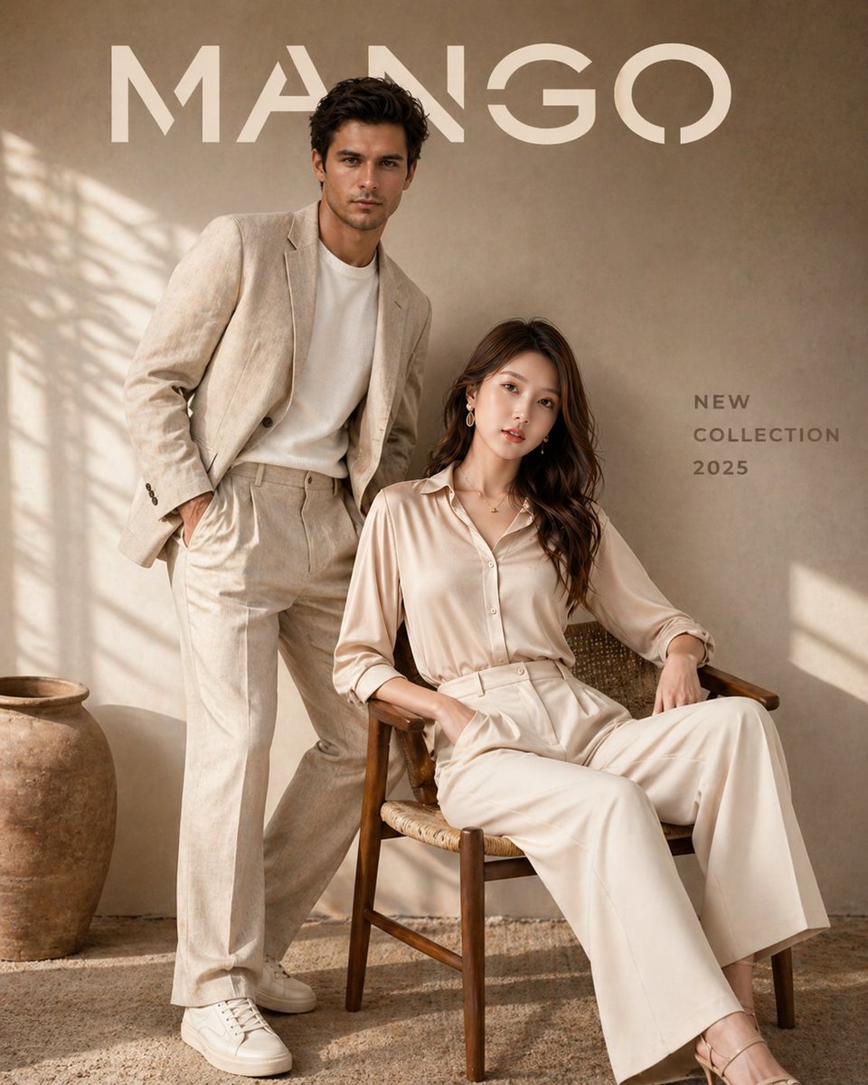 Luxury Fashion Brand Advertisement Qwen Image prompt example: A high-end fashion editorial prompt designed for the MANGO brand, using specific face references to create a...