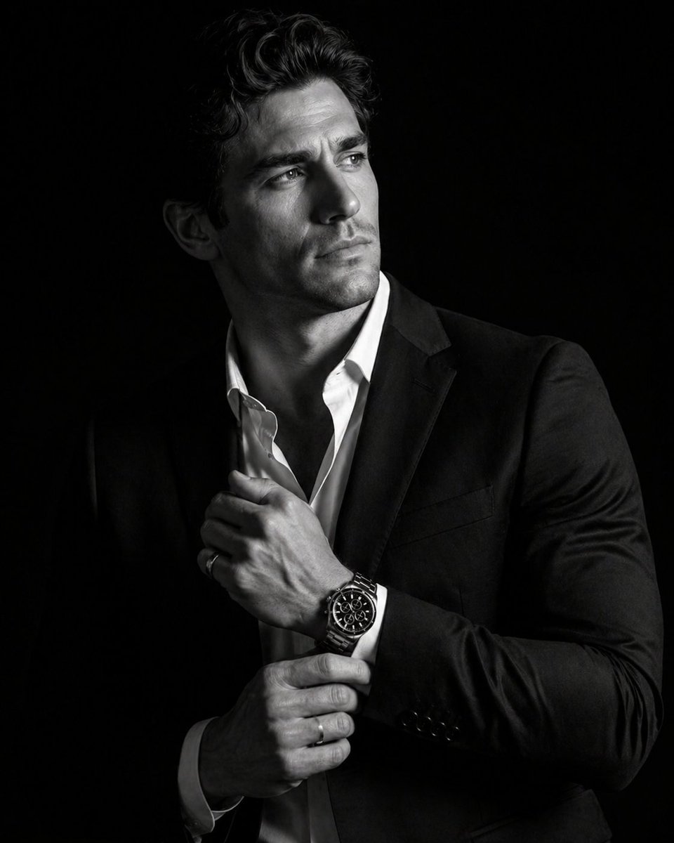Cinematic Male Suit Portrait のQwen Imageプロンプト例: A prompt for a hyper-realistic black-and-white 8K portrait of a man in a professional suit, emphasizing lighting and luxury...