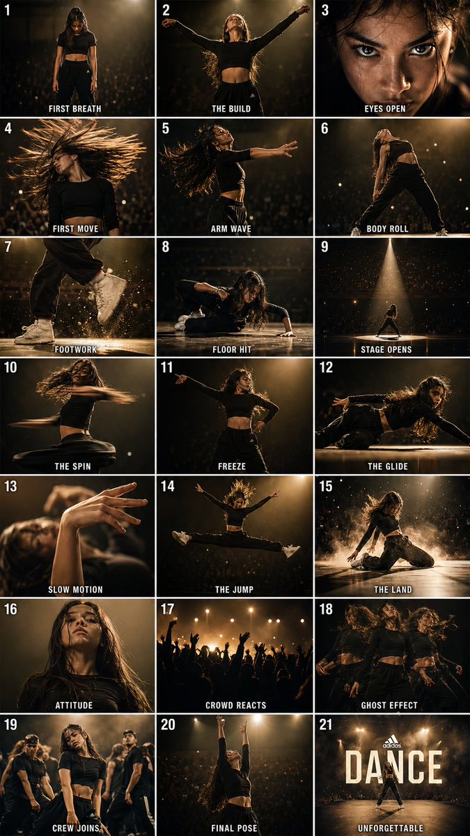 Cinematic Dance Routine Storyboard GPT Image 2 prompt example: A comprehensive 21-panel storyboard prompt for a teenage dancer's performance, styled after high-end sports...