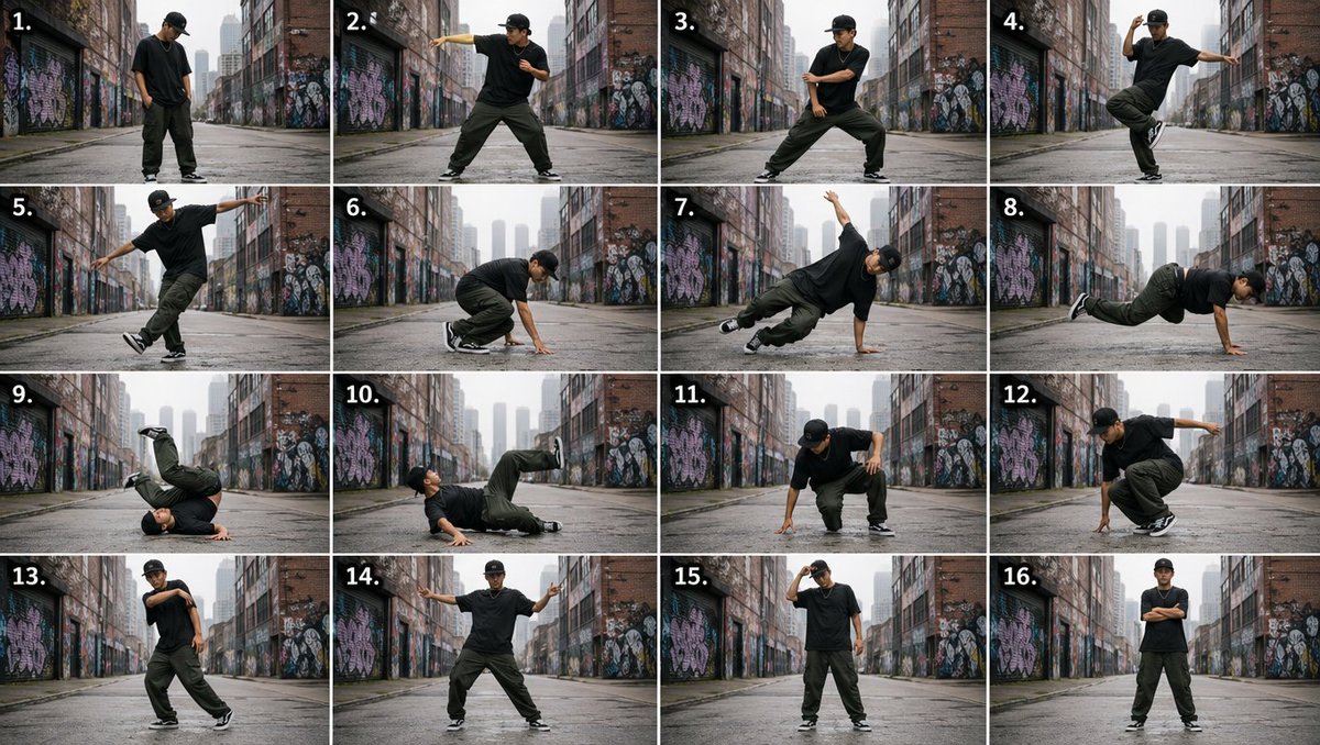 Urban Dancer Image Grid のQwen Imageプロンプト例: A prompt for creating a 4x4 image grid of an urban street dancer in a sequence of moves, intended for later animation.