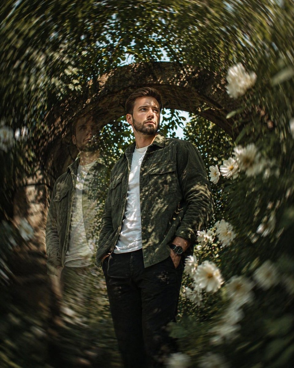 Cinematic surreal garden portrait prompt Qwen Image prompt example: A cinematic prompt featuring motion blur and ghost-like double exposure effects in a garden setting.