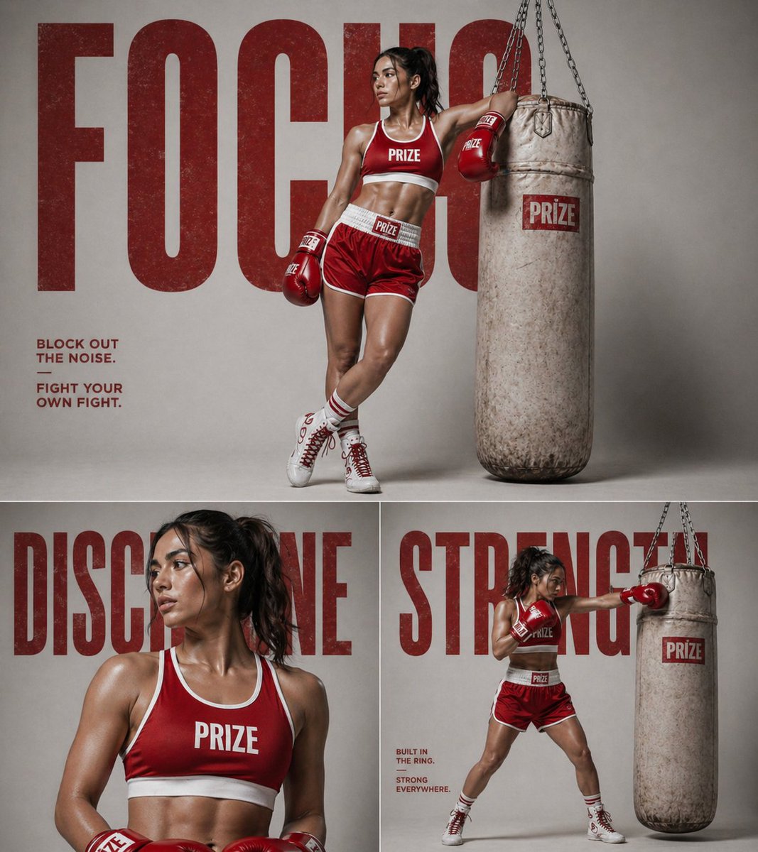 3-panel fitness boxing poster prompt のQwen Imageプロンプト例: A collage-style fitness poster prompt with three panels showing different angles and poses of a female boxer.