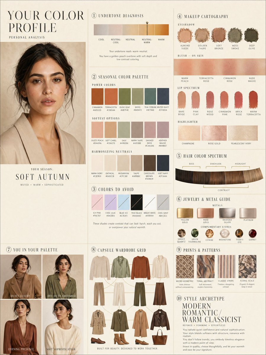 Luxury personal color profile layout GPT Image 2 prompt example: A complex 10-panel editorial layout prompt for personal color analysis, including swatches and capsule wardrobe...