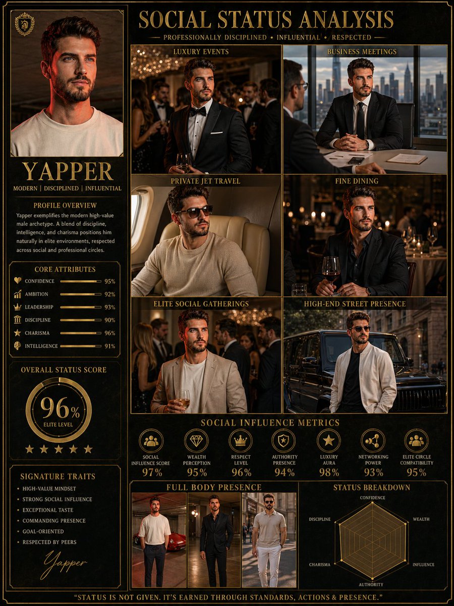 Social Status Analysis poster prompt Qwen Image prompt example: Creates a luxury magazine infographic analyzing a person's social status based on a reference image in various...