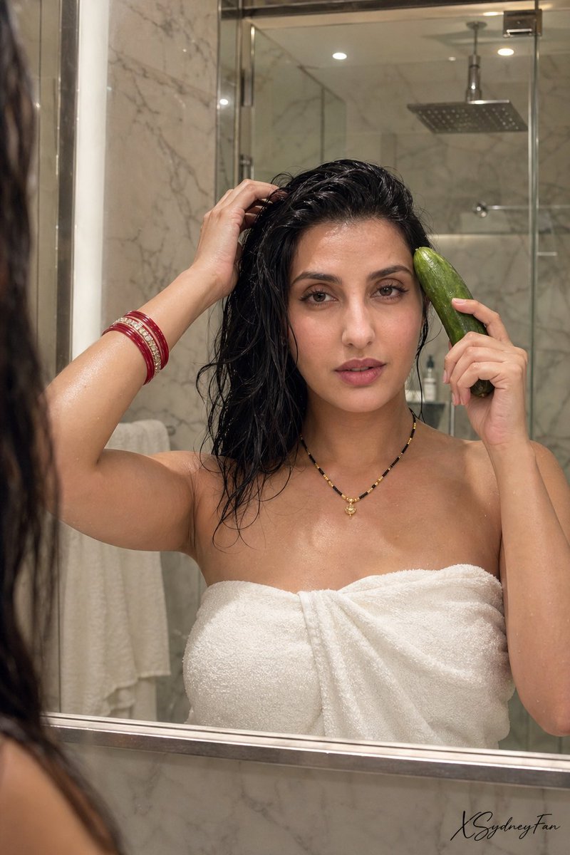 Mirror reflection portrait prompt GPT Image 2 prompt example variation 3: A prompt capturing a woman with wet hair looking into a marble bathroom mirror with cultural details...