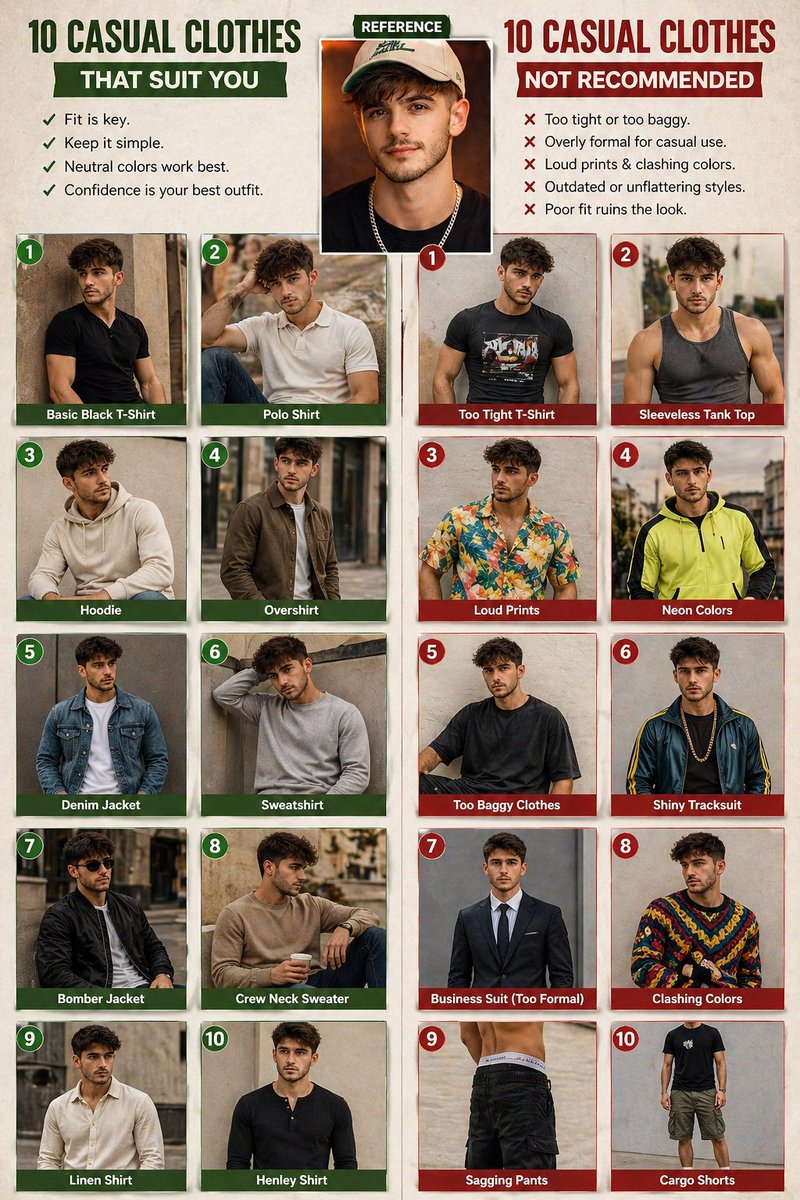 Casual fashion lookbook poster prompt GPT Image 2 prompt example: Creates a scrapbook-style poster suggesting 10 types of casual clothing for a subject, maintaining facial...