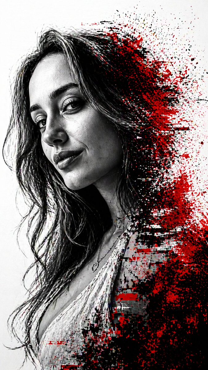 Cyberpunk Glitch Art Portrait Qwen Image 프롬프트 예시 변형 2: A striking monochrome portrait prompt that blends realistic photography with abstract digital glitch effects and vibrant...