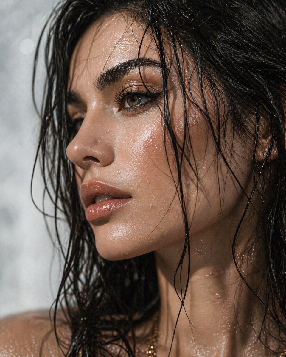 Ultra-Detailed Dewy Skin Portrait のQwen Imageプロンプト例: A hyper-realistic portrait prompt focused on capturing wet skin textures, dewy sheen, and vivid eye reflections in a soft,...