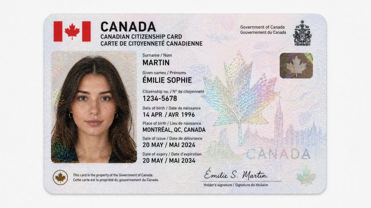 Canadian Citizenship Card Mockup Qwen Image prompt example variation 2: An ultra-realistic prompt for a government ID card mockup, including intricate security features,...