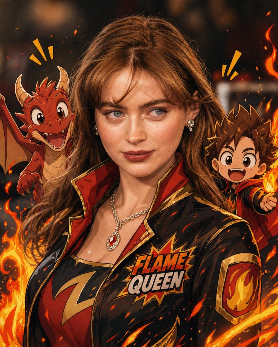 Mixed-Reality Comic Transformation のQwen Imageプロンプト例: A complex prompt for converting a real subject into a mixed-reality scene combining realistic AAA facial rendering with bold...