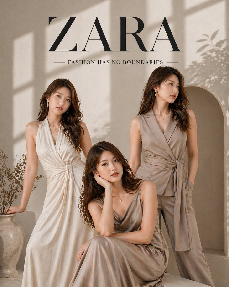 Minimalist Luxury Fashion Editorial 的 GPT Image 2 提示词示例图：A high-fashion advertisement prompt in ZARA style, featuring elegant female models in neutral-toned outfits with soft...