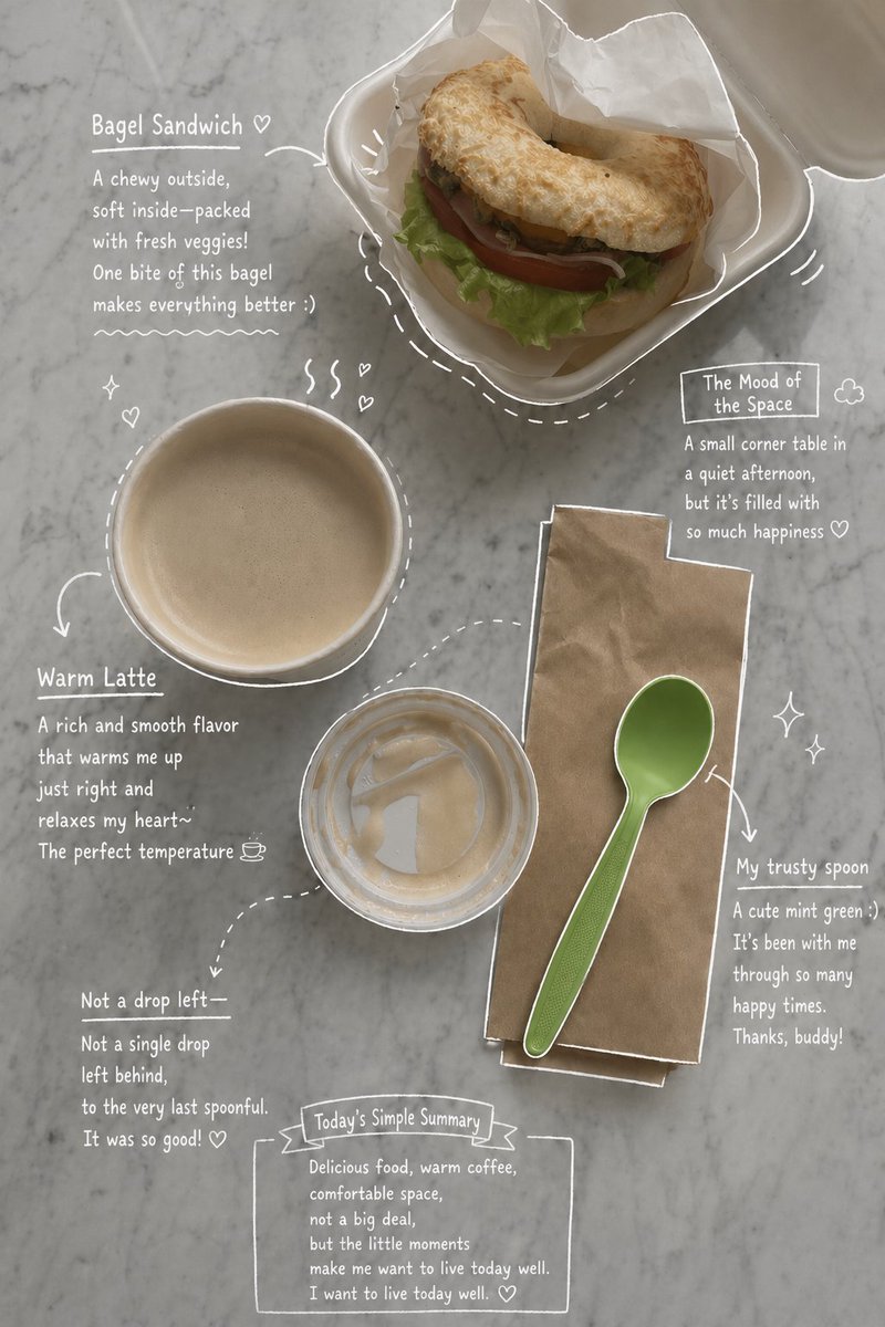 Emotional Hand-Drawn Annotations Qwen Image 프롬프트 예시: Transforms a lifestyle or food photo into an emotionally-toned magazine layout featuring hand-drawn white ink annotations and...