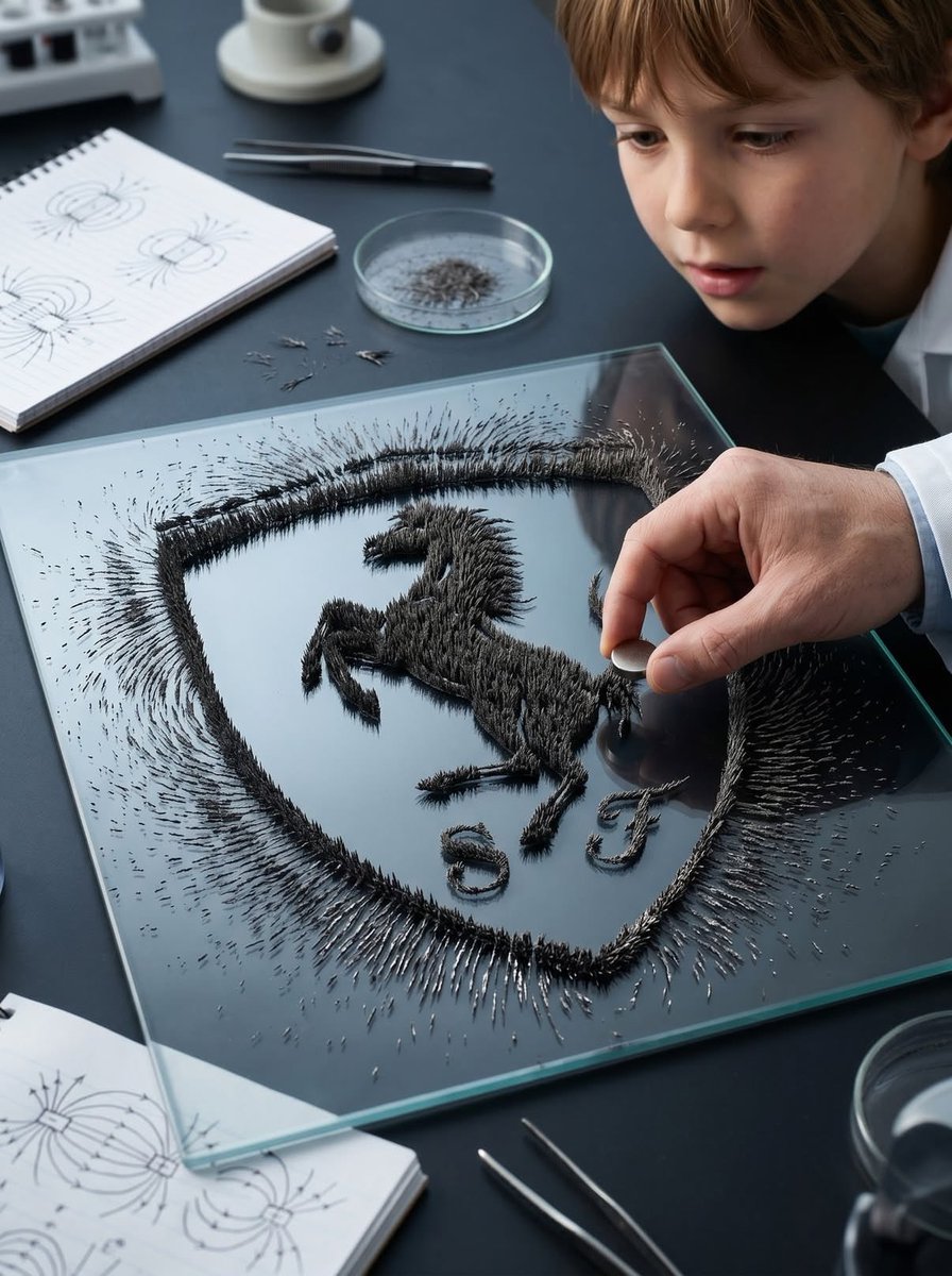 Magnetic Iron Filings Logo Scene GPT Image 2 prompt example: A creative prompt that visualizes a logo silhouette using hyper-realistic magnetic iron filings on a surface in a...