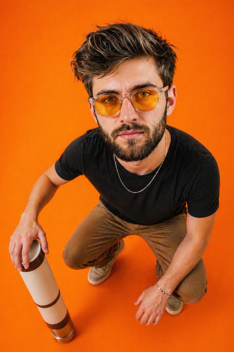 Editorial Top-Down Fisheye Portrait Qwen Image prompt example: A fashion editorial prompt for a top-down, wide-angle portrait with fisheye distortion on a vibrant monochrome...