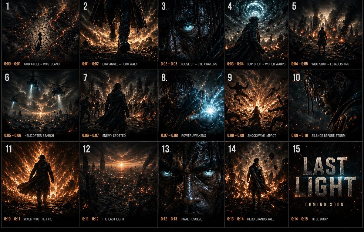 Cinematic 3x3 Storyboard Grid REVE 2 prompt example: A workflow prompt for creating a cinematic sequence in a 3x3 storyboard format, ideal for planning movie scenes or video...