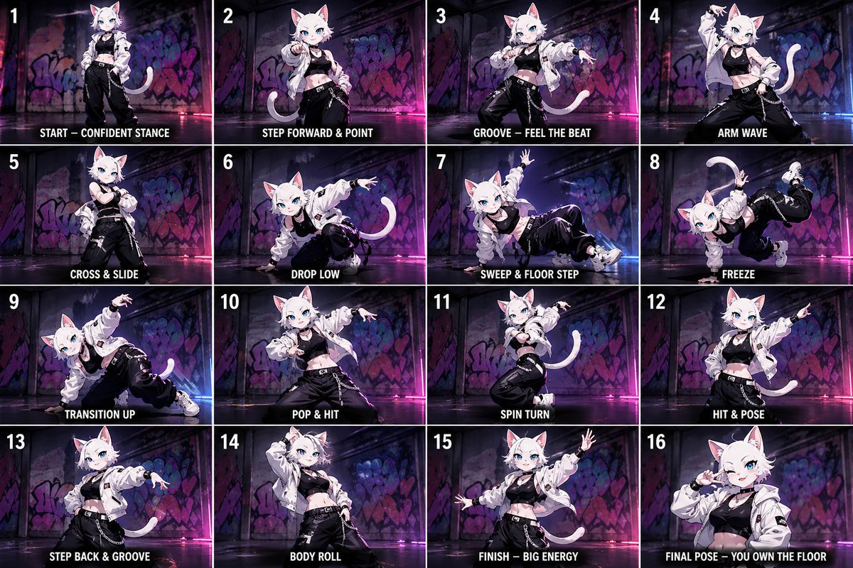 Anime Street-Dancer Character Grid Qwen Image prompt example: A character design prompt for generating a logical sequence of dance moves in a 4x4 anime grid format, featuring a...