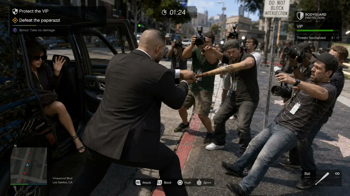 3D gaming scene with bodyguard Qwen Image prompt example: A prompt for generating a high-detail 3D third-person gaming scene featuring a bodyguard and paparazzi with a UI overlay.