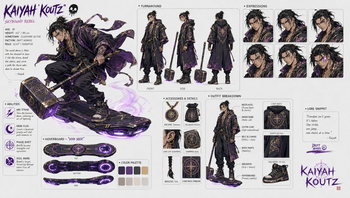 Character design refinement のQwen Imageプロンプト例: A transformation prompt for modifying an existing character sheet into an older, male version with an arcane and minimalistic style.