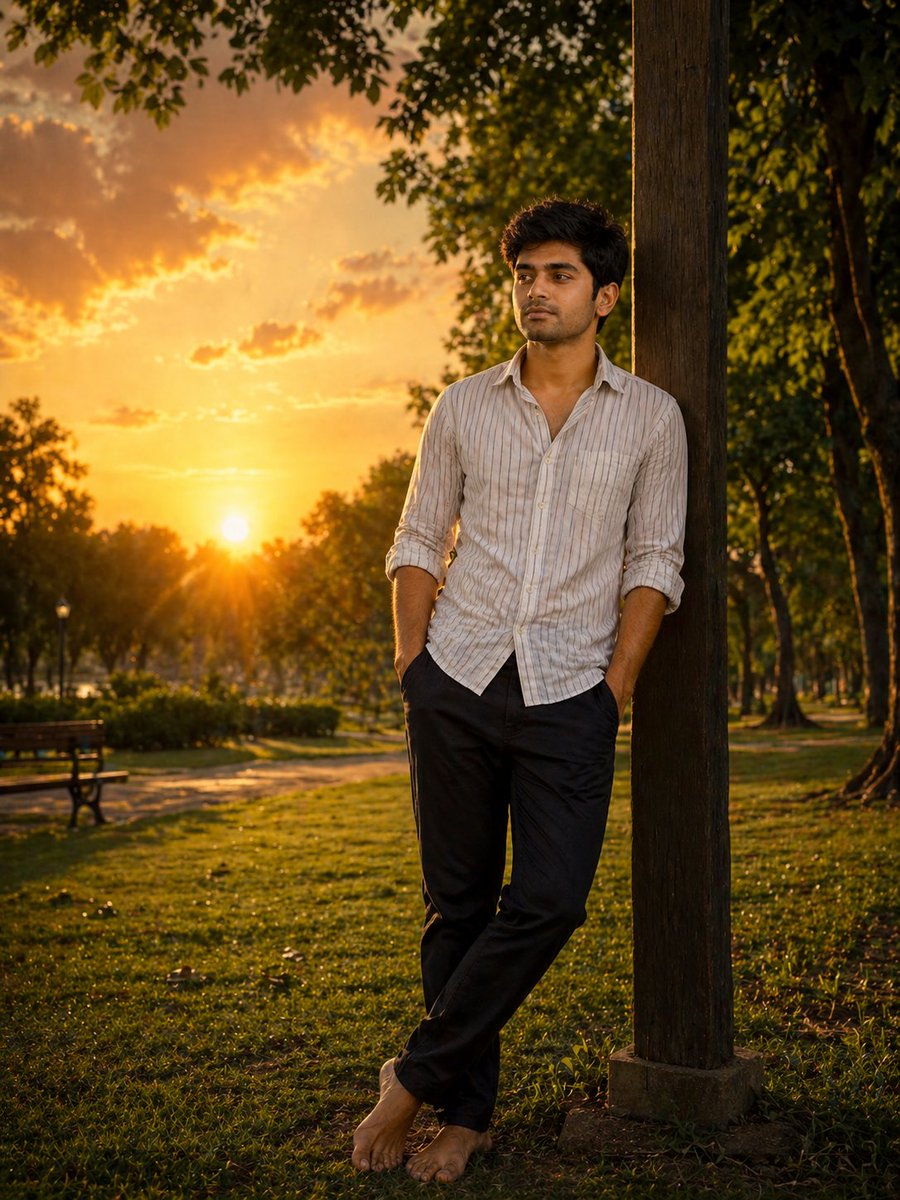 Cinematic sunset park scene Qwen Image 프롬프트 예시: A prompt for a peaceful sunset scene in a park featuring a young man during the golden hour.