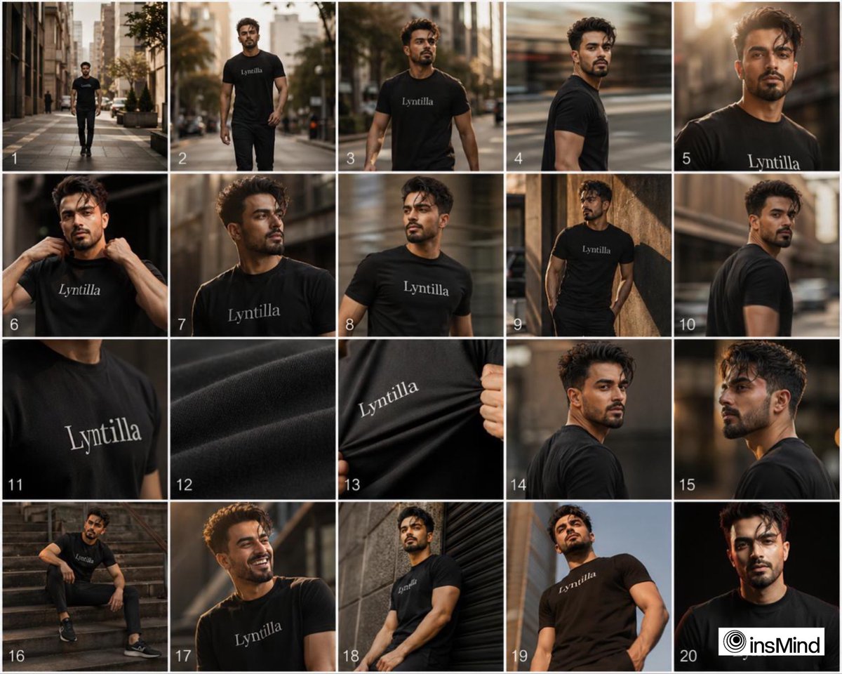 Sequential Fashion Storyboard Collage Qwen Image 프롬프트 예시: A complex prompt for creating a 20-frame storyboard collage of a male model for a fashion advertisement, maintaining...