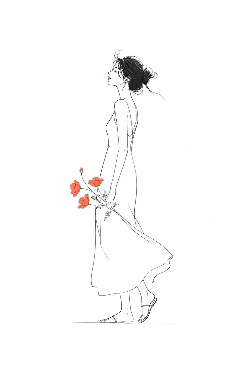 Minimalist Fashion Illustration Qwen Image 프롬프트 예시: A prompt for generating minimalist sketches of characters with clean lines and vibrant accents, ideal for editorial styles.