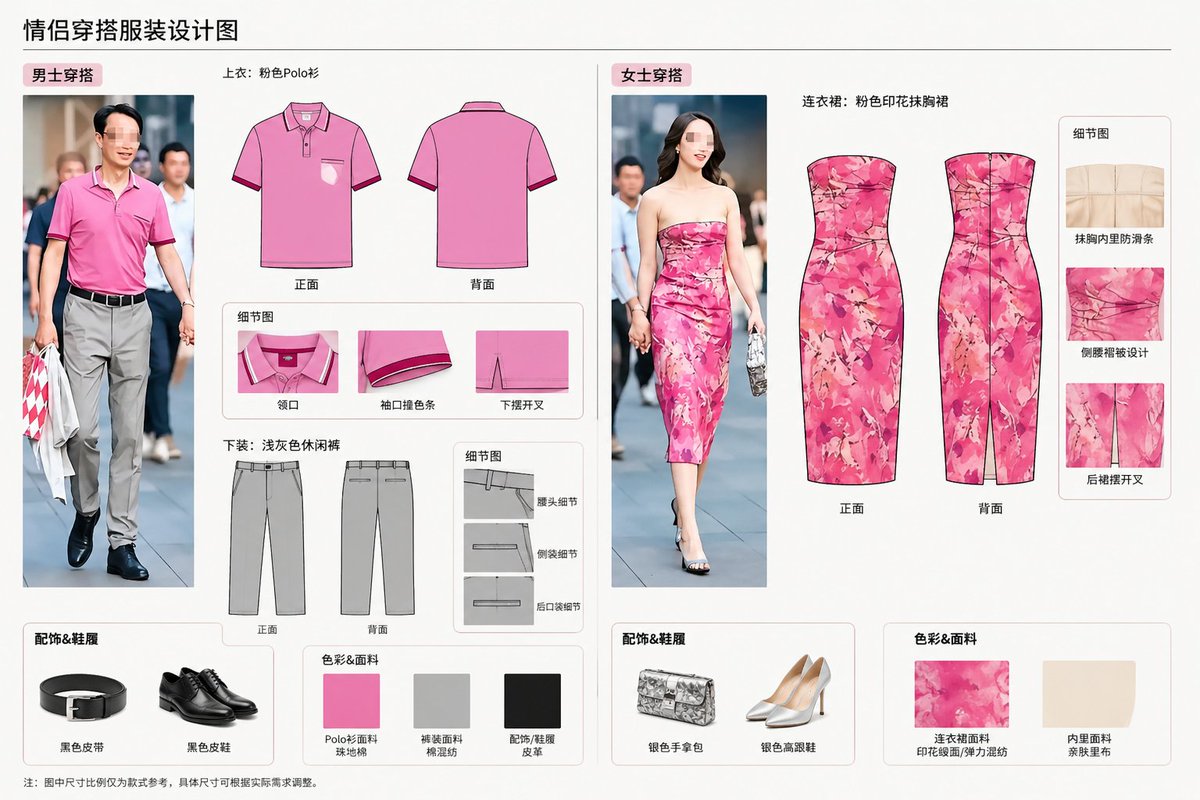 Real-World Clothing Deconstruction Qwen Image prompt example: Extracts and visualizes clothing designs from real-world street photography to create stylized fashion design charts.