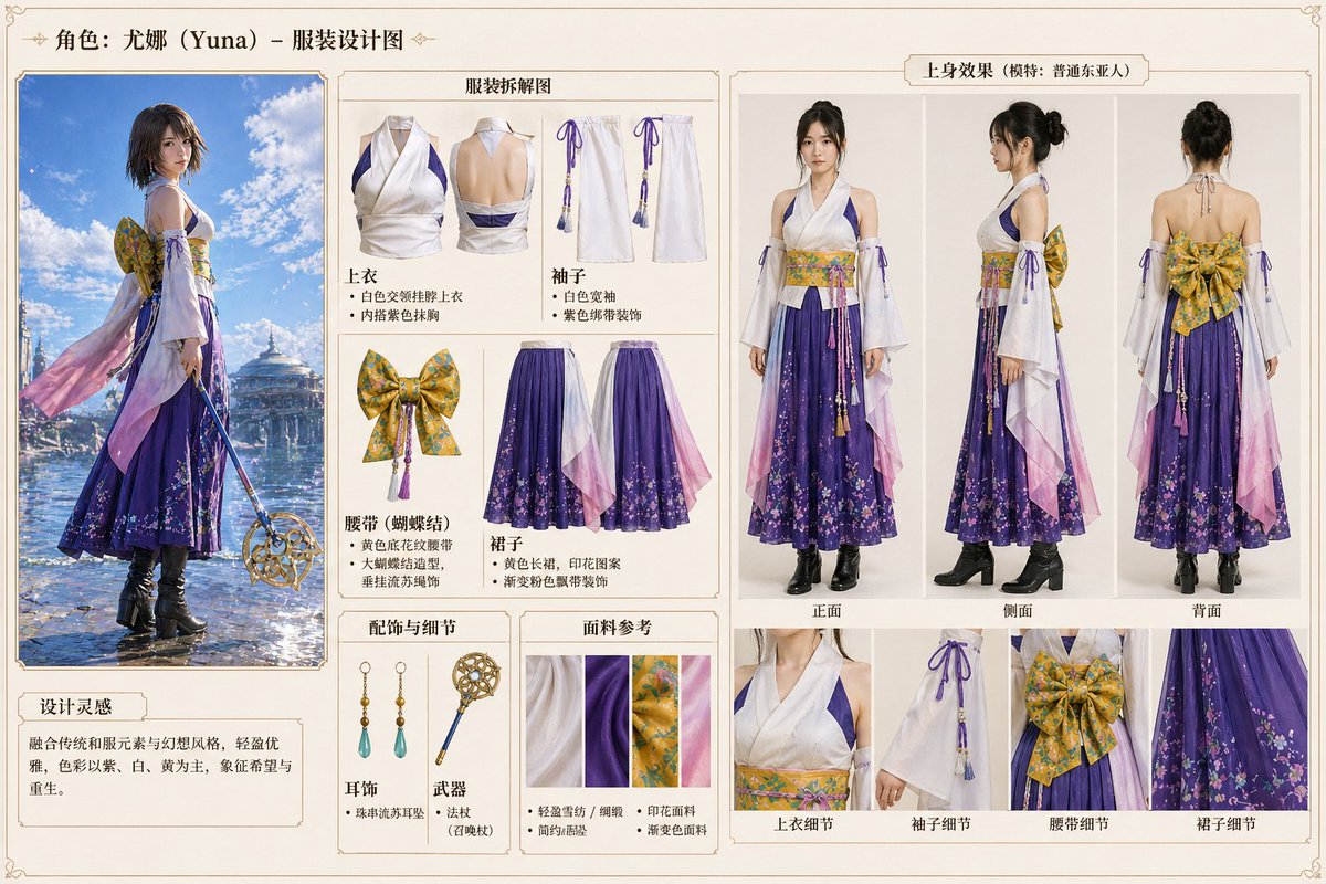 Anime Character Clothing Deconstruction Qwen Image prompt example: A design prompt that takes an anime or game character's outfit and creates a technical clothing design layout,...