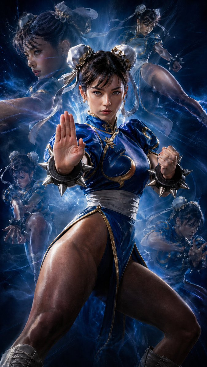 Double Exposure Cinematic Character Poster 的 Qwen Image 提示词示例图 变化图 2:Generates a cinematic character poster with a double exposure effect, showing a primary battle pose with...