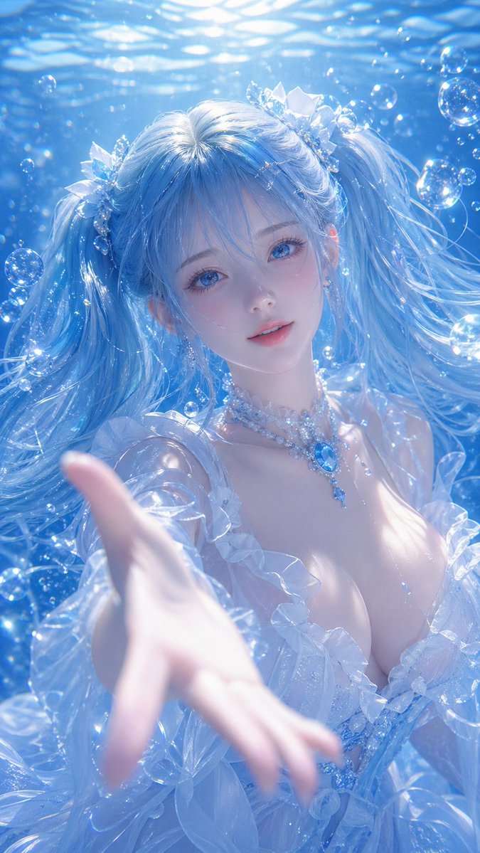 Underwater Fantasy CG Illustration Qwen Image prompt example variation 2: A prompt for a high-quality 3D CG illustration of a fantasy girl with blue pigtails underwater,...