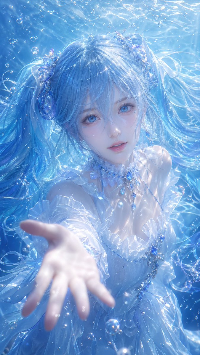 Underwater Fantasy CG Illustration Qwen Image prompt example: A prompt for a high-quality 3D CG illustration of a fantasy girl with blue pigtails underwater, emphasizing...