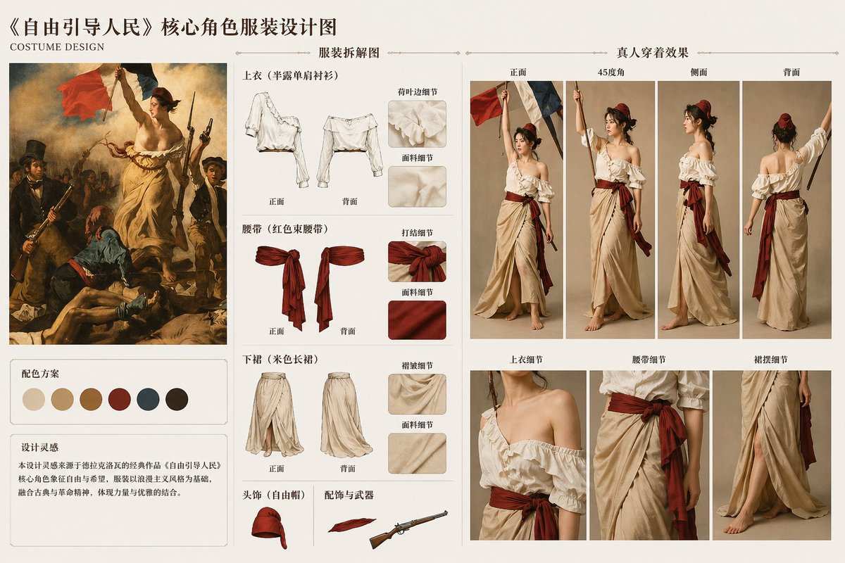 Classic Painting Fashion Analysis Qwen Image 프롬프트 예시: Extracts clothing designs from the famous painting 'Liberty Leading the People' and generates fashion design sheets.