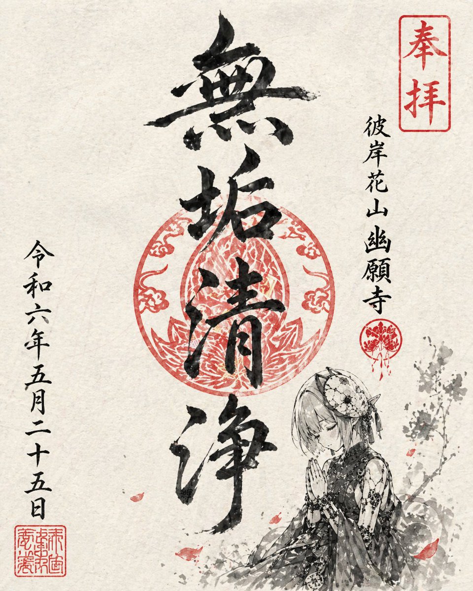 Goshuin Style Character Illustration Qwen Image 프롬프트 예시: A detailed prompt for generating temple-stamp style illustrations using ink-wash textures and a specific black and...