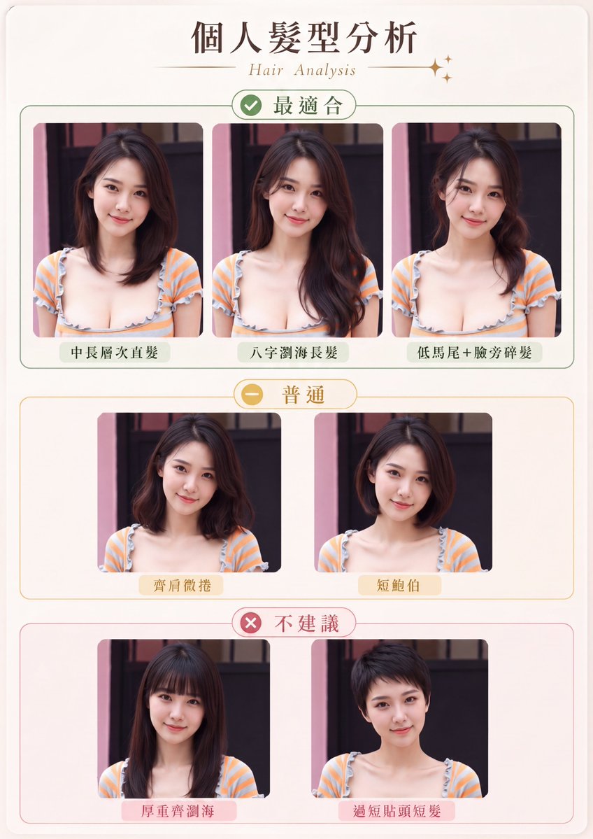 Personal Hairstyle Analysis Card GPT Image 2 prompt example: A functional prompt for creating hairstyle comparison charts that analyze suitability while preserving the subject's...