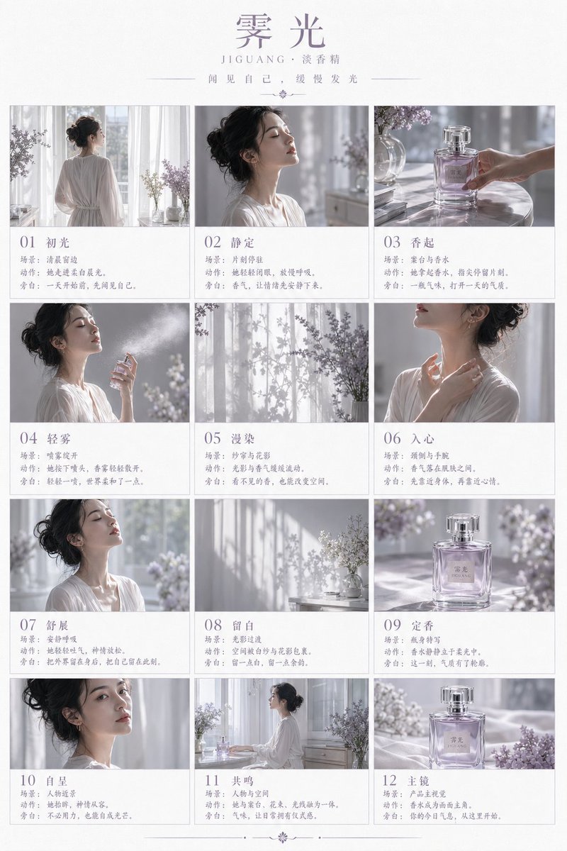 Luxury Perfume Storyboard Poster 的 GPT Image 2 提示词示例图：A highly detailed prompt for a 12-frame perfume commercial storyboard featuring elegant visuals and a specific brand...